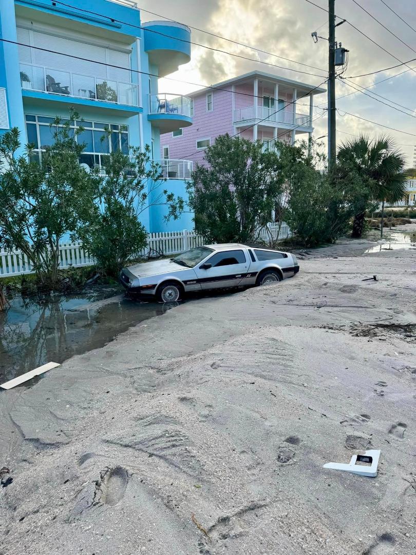 Who parks a DeLorean in a flood zone. (Helene Hurricane flood picture)