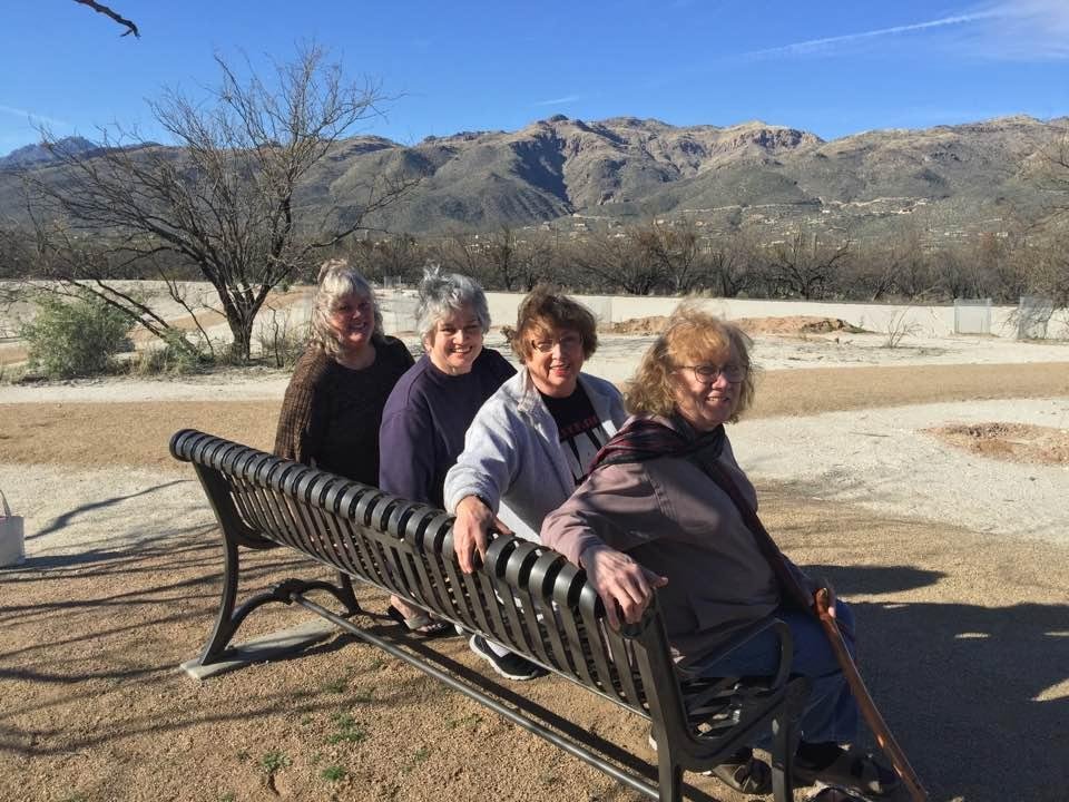 Women on a mission! We set out to find this bench dedicated to famous saxophonist Dale Norris, late husband of my friend Julie (sitting next to me). There is actually a pond behind the bench.