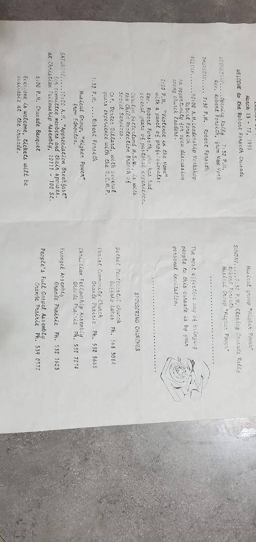 I found an old brochure about my Uncle Robert Forseth Crusade at the Grande Prairie Inn, Alberta in 1985