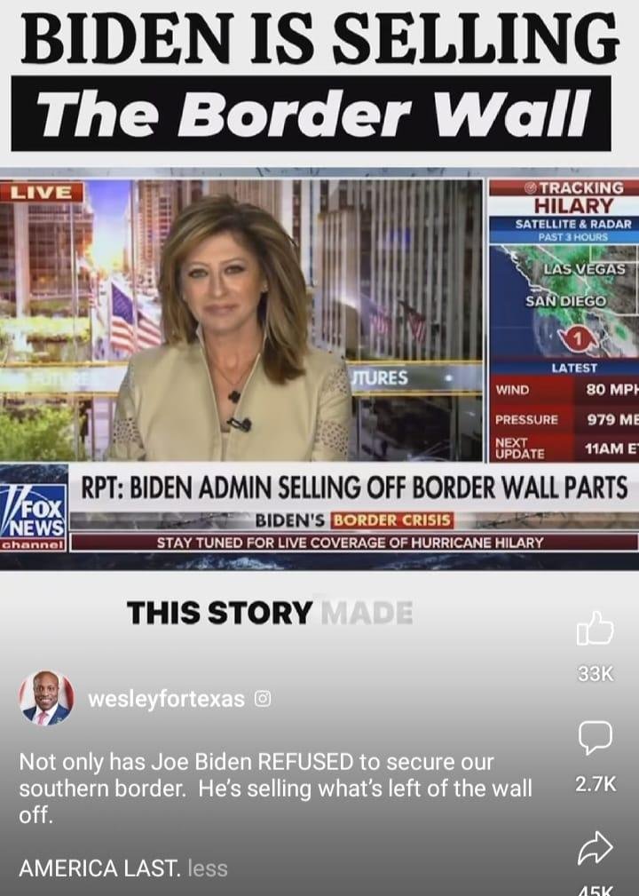 Joe Biden is anti American. Wants to sell $300,000,000 of Wall materials for $2 million to keep it from securing our border. Traitor and thief!