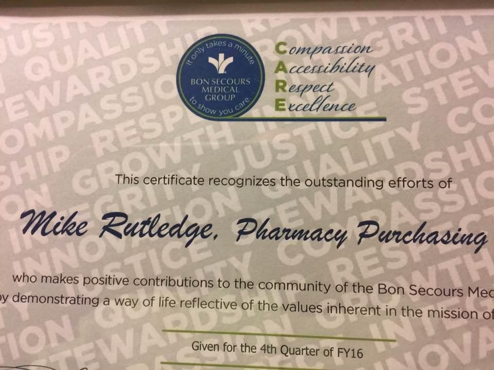 My Bon Secours Care Award. My boss presented this to me today at our Manager's meeting. Felt good to be recognized for what you do. Mike