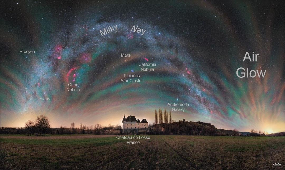 Airglow Sky over France
Image Credit & Copyright: Julien Looten
Explanation: This unusual sky was both familiar and unfamiliar. The photographer's mission was to capture the arch of the familiar central band of our Milky W