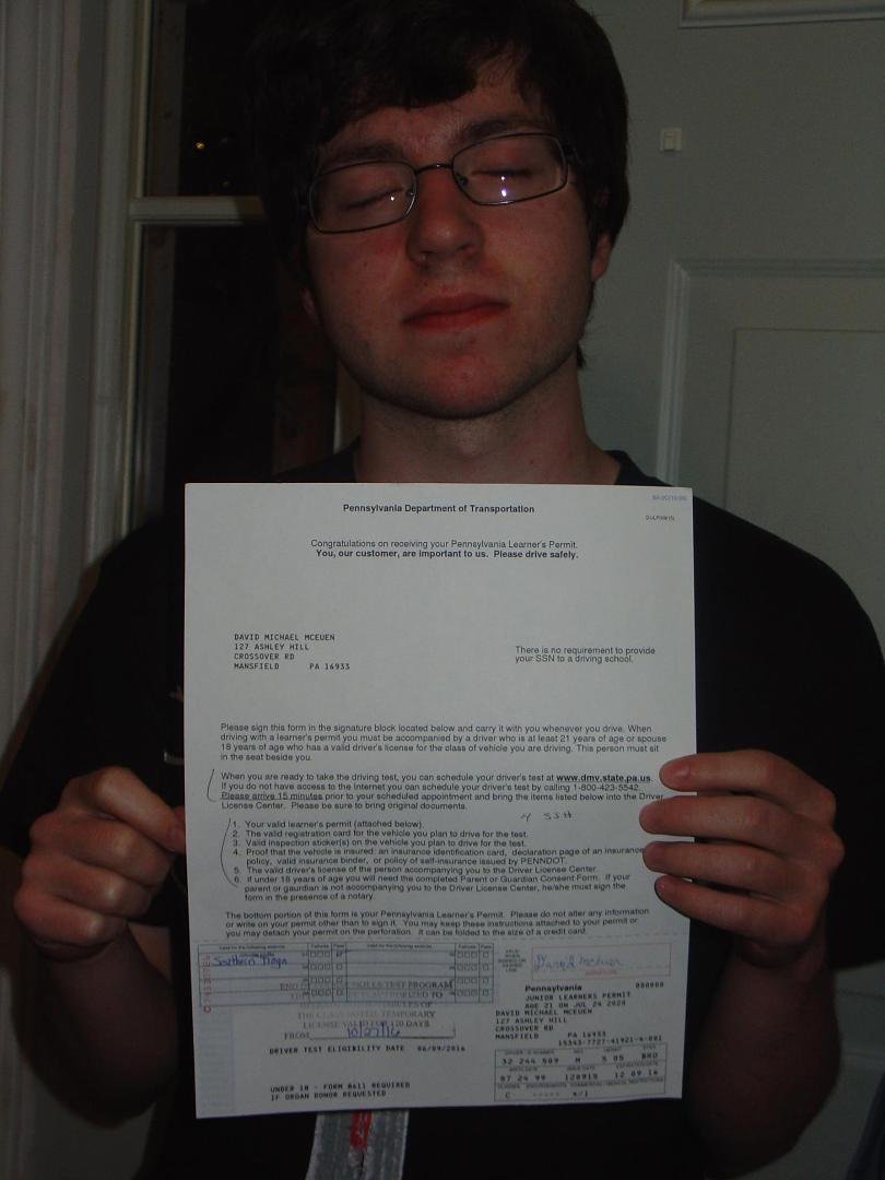 We have another driver in the house!!  This is a "stamped" permit, with "passed" checked, ie, a temporary driver's license until the picture card arrives in the mail!