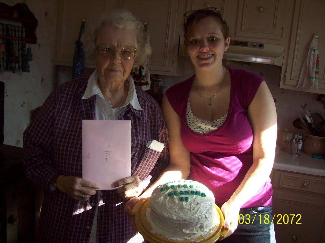 A picture of Mom and Ashley Edge on Mom's birthday in 2008. Ashley had made her a Birthday cake and we all had lunch together. Barbara Smith