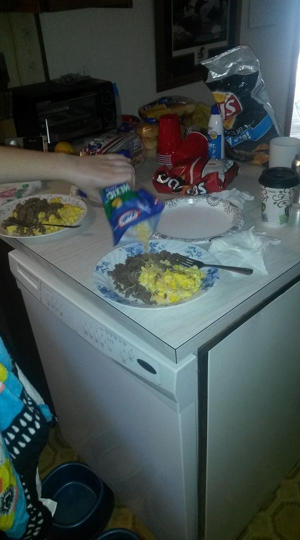 The Grandkids just fixed lunch. That is one pound of sausage, lots of eggs and cheese on their plates.
