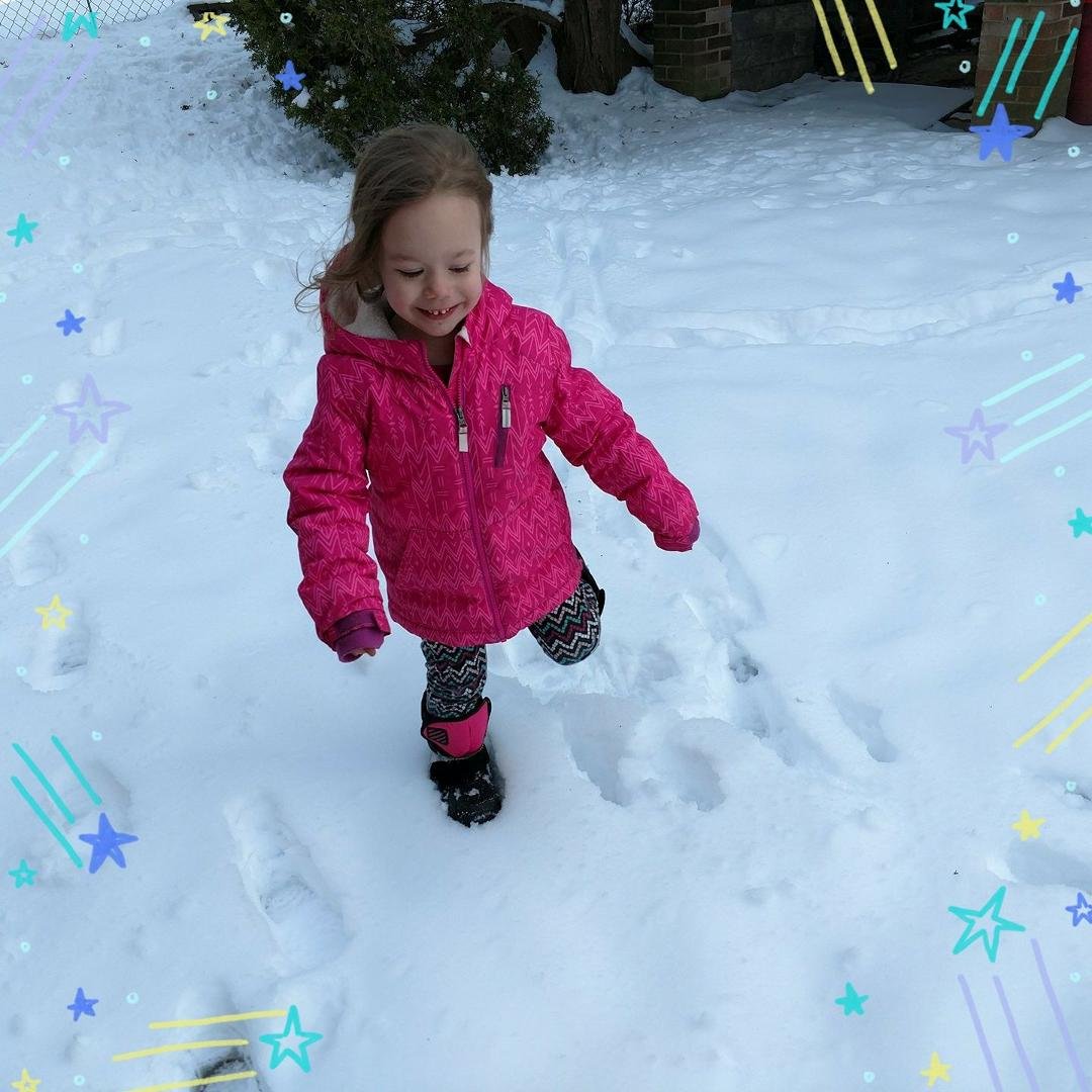 6-8 inches of snow from storm --but sunny--a little outdoor time for "Spring" but with snow boots! (Mariah age 3.5 yrs)