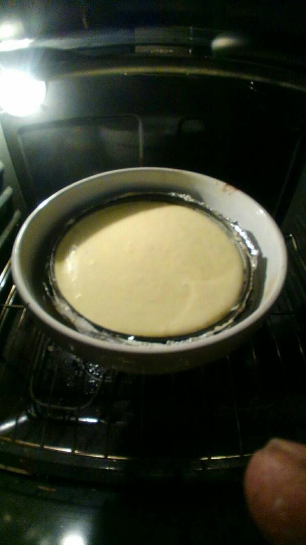 Just dropped it in the bath, made with no measuring, no directions, just winging it. Good thing cooking runs in my blood. The last one would have been great if I hadn't reheated the oven, or had a spring form/water bath, so