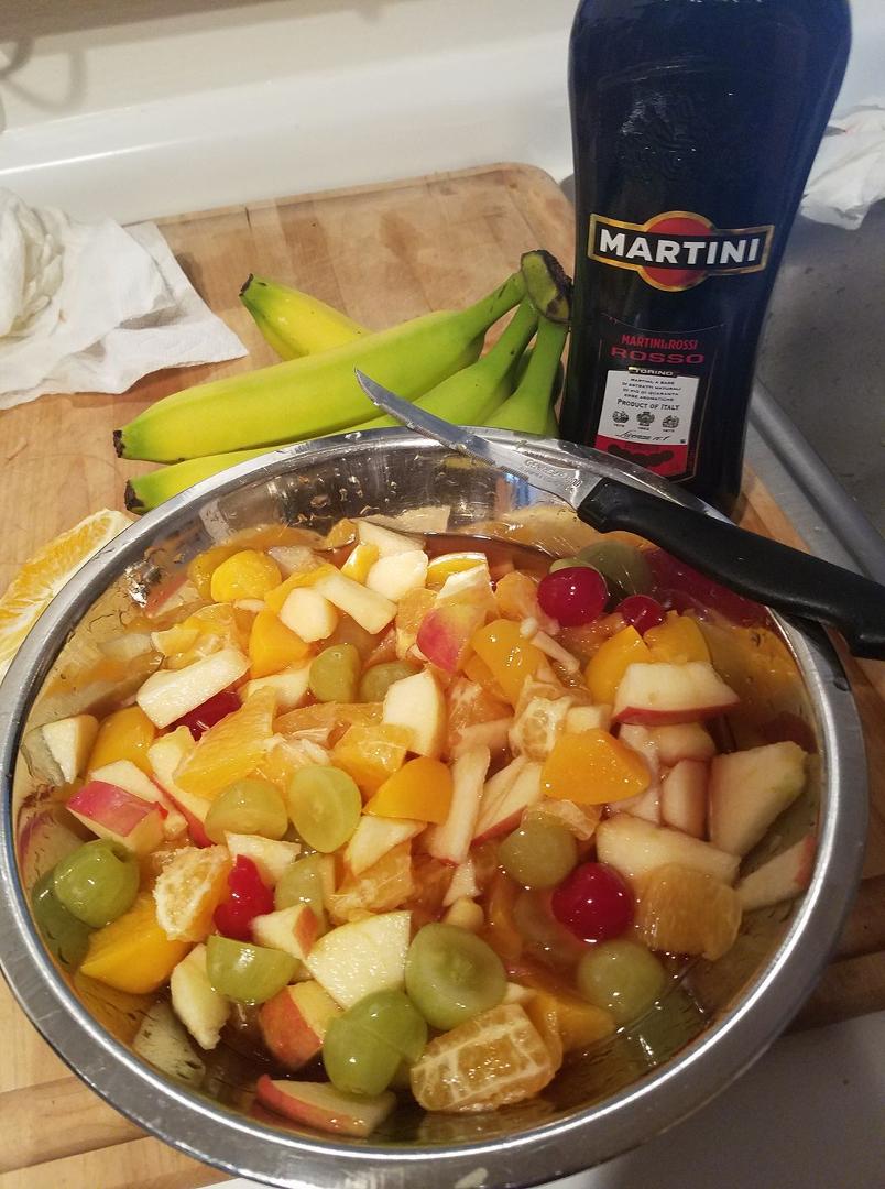 My fresh made Fruit Salad that I will refrigerate overnight and then top off with fresh sliced bananas and Vermouth.... I am telling you it is unbelievable!!! Stay tuned!!