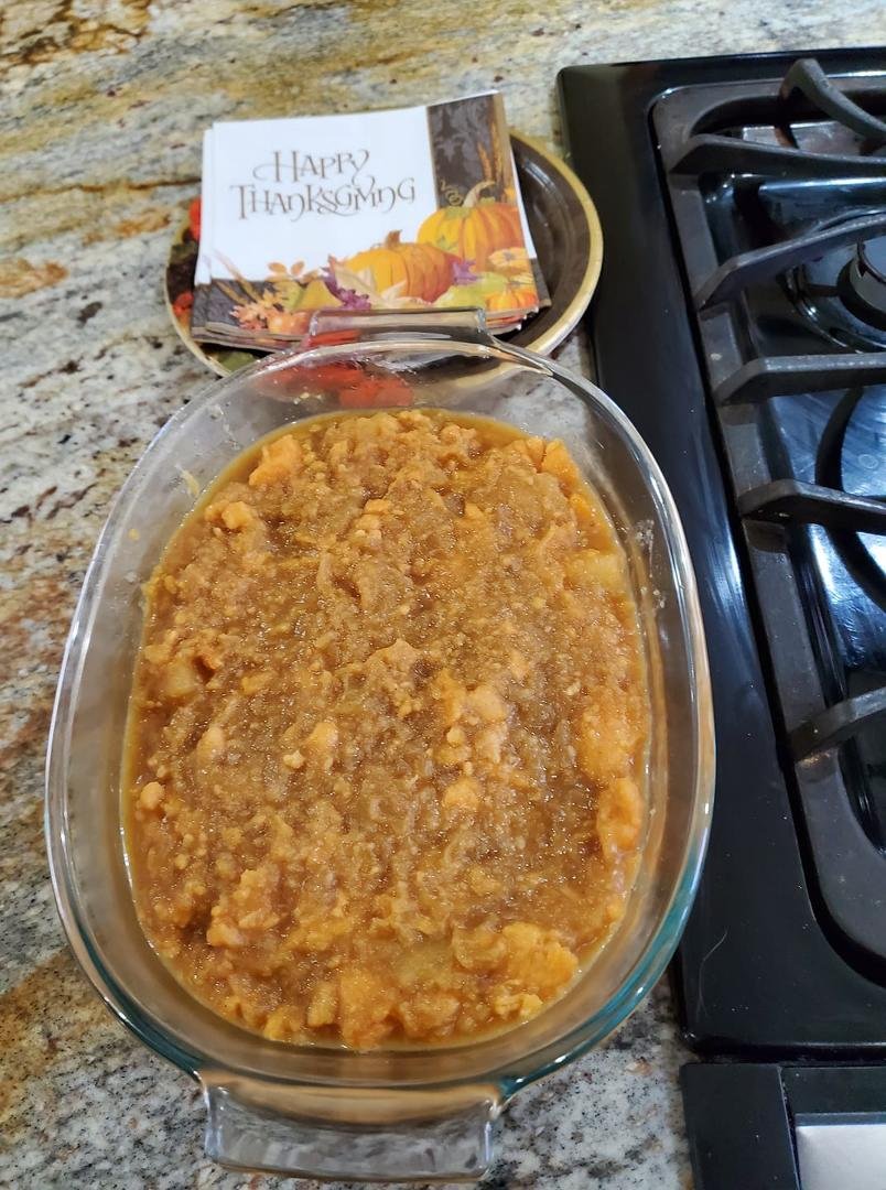 Candied pineapple sweet potato casserole is ready.
It's a funny good feeling when the candy finally starts to thicken after all that stirring.