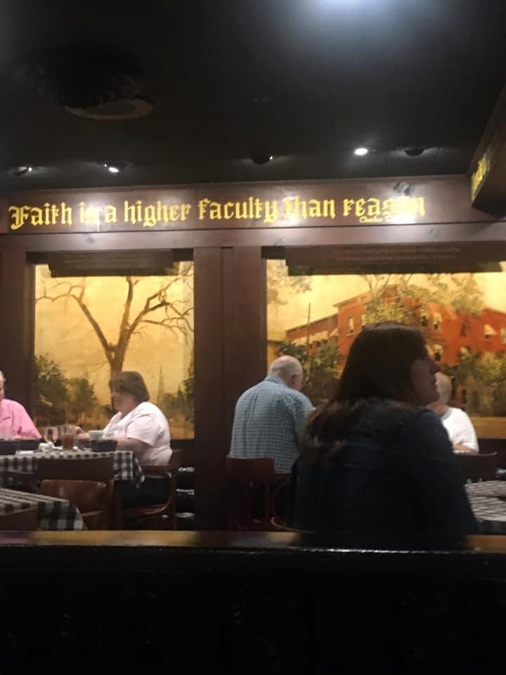Fathers Day Dinner at Schuler’s at Marshall, Michigan.
Note, a saying on the wall, by Charles Trubac, Past Vice President of Michigan State Farm Insurance. I started my State Farm Business July 1st, 1980. Have enjoyed ma