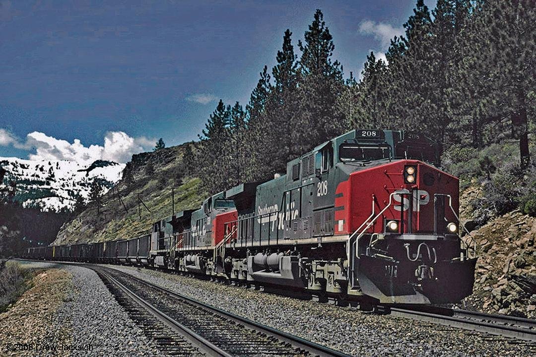 April 1996, SP AC4400CW #208 approaching Andover  above Cold Stream Canyon West of Truckee.