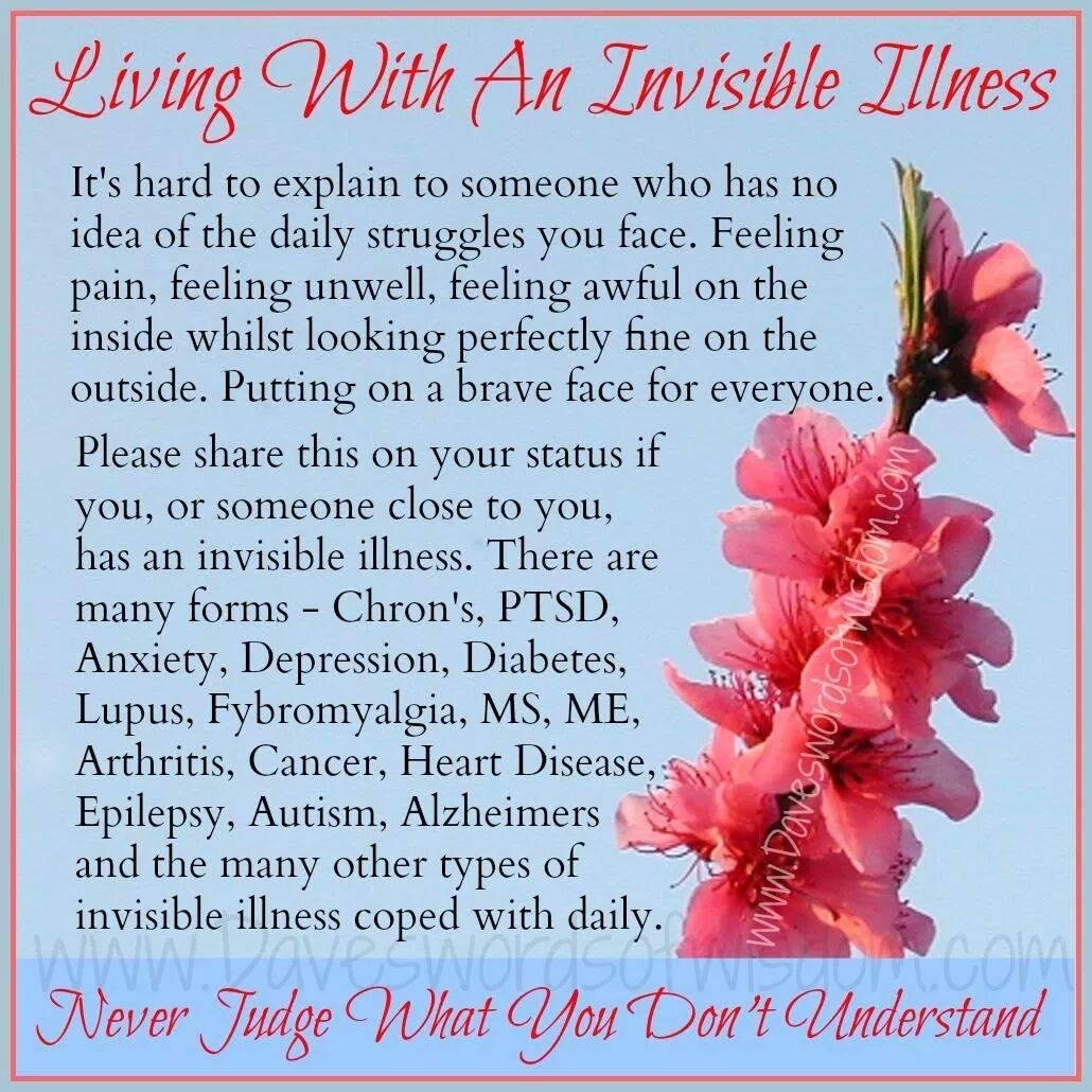 I live with invisible illnesses, chronic back & neck pain, fybromyalgai, depression, anxiety, heart disease, every day seems like challenge, but some how I get through. I'm thankful for my, family they are there for me any