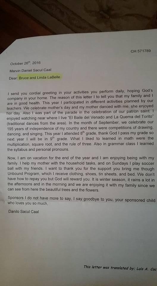 An early Christmas gift....a letter from our sponsor child in Quatemala....