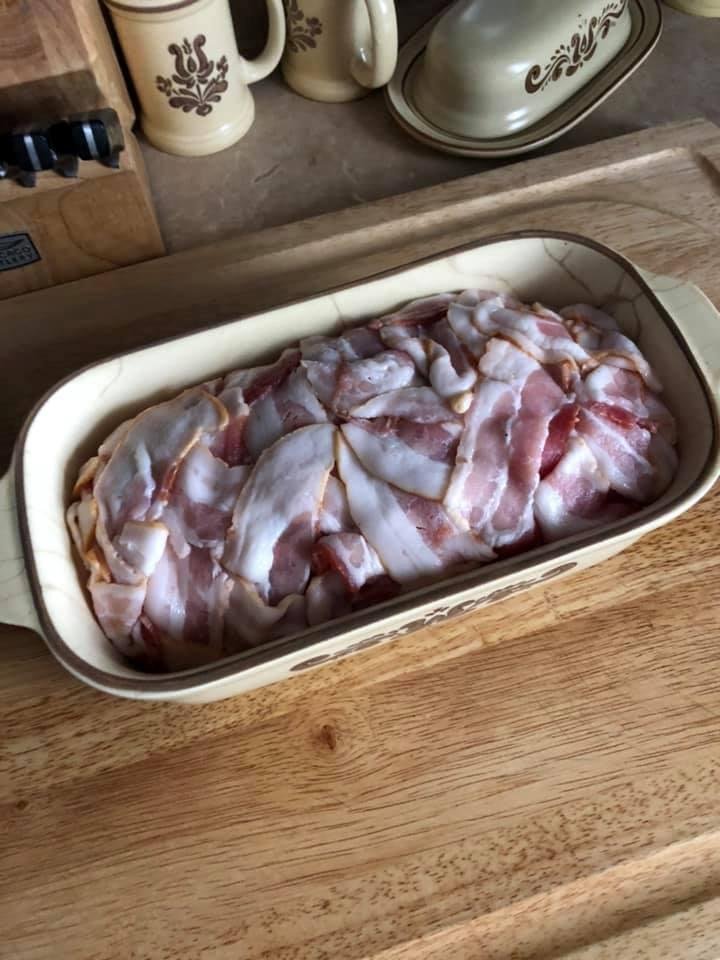 Bacon wrapped meatloaf ready for oven