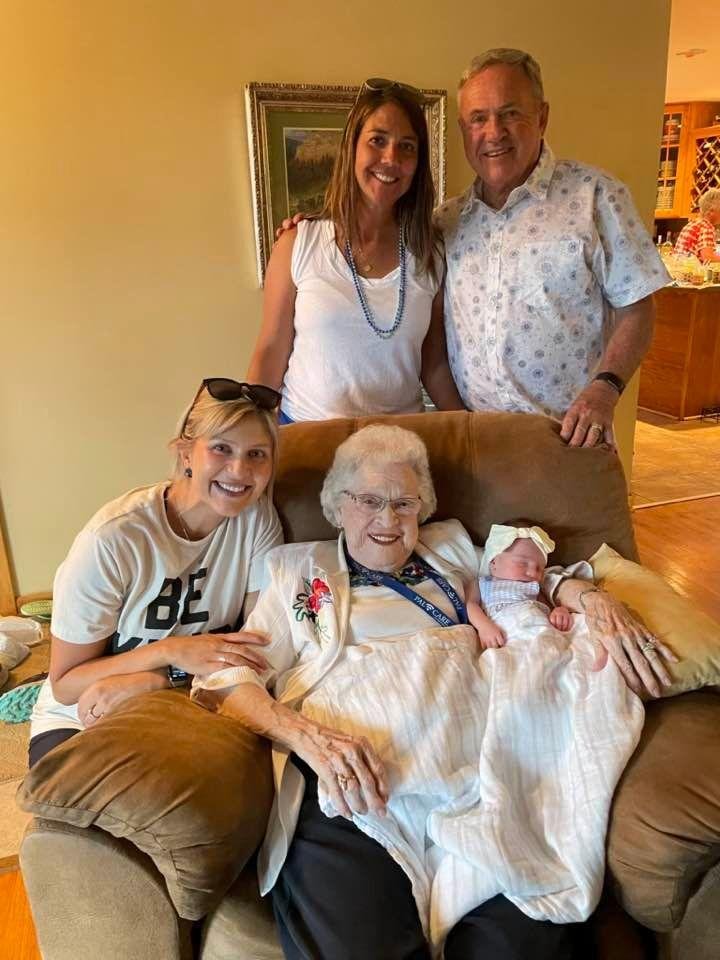 Five generations!!! Back row: Grandma Laurie Rogers, Great Grandpa Jim. Front row: Mom, Hannah Bauer, Great Great Grandma, Lorraine Aberle, and baby Georgia Bauer, born 6/20/22.