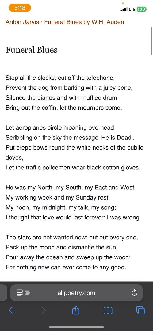 This is a poem that fits how I feel about Matthew Randquist dying. I first heard it in the movie Four Weddings And A Funeral. 😔💔😢😥