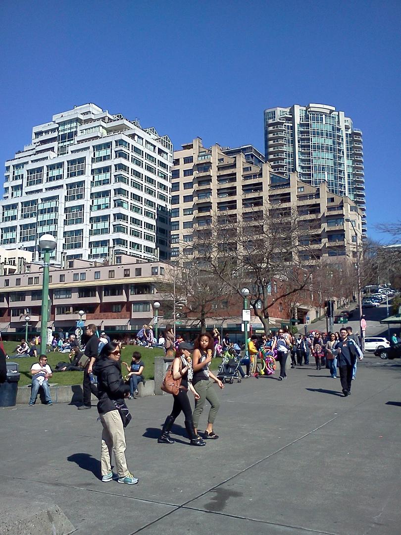 The park at Pike Market, Seattle. Thousands out enjoying the "perfect" weather.