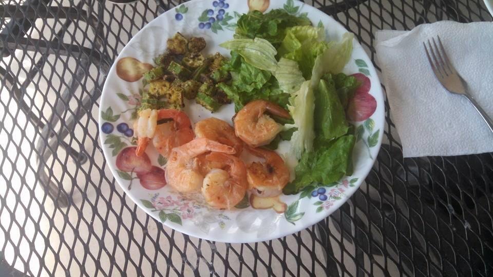 Lunch today, grilled shrimp, fried okra from our backyard. We have more okra plants this year without planting than we did last year planting twice!