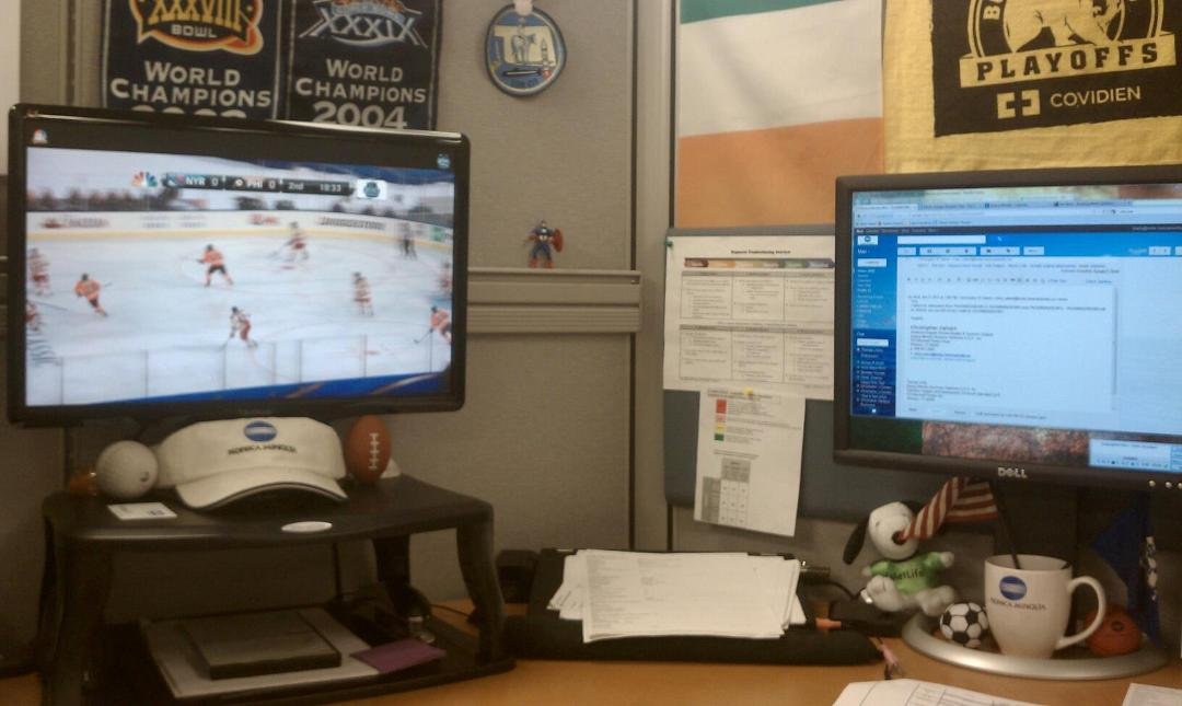 Hard at work watching the winter classic.