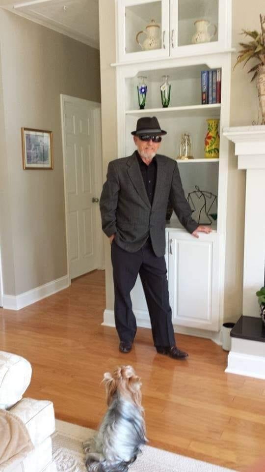 My costume for last night. When they ask me what I was dressed for I told them, "as Hillary's hit man". Didn't get one treat--They just kept slamming their doors and turning all their lights off.