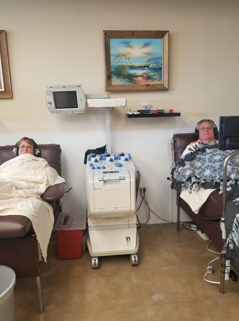 Darlene and I both donating platelets.