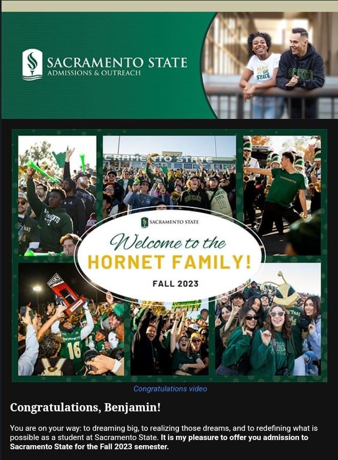 Family and friends after 8 years I can finally say I got into Sac State This has been a beautiful Journey with lots of twists and turns but I wouldn't have it any other way. This is truly one of the happiest days of my life