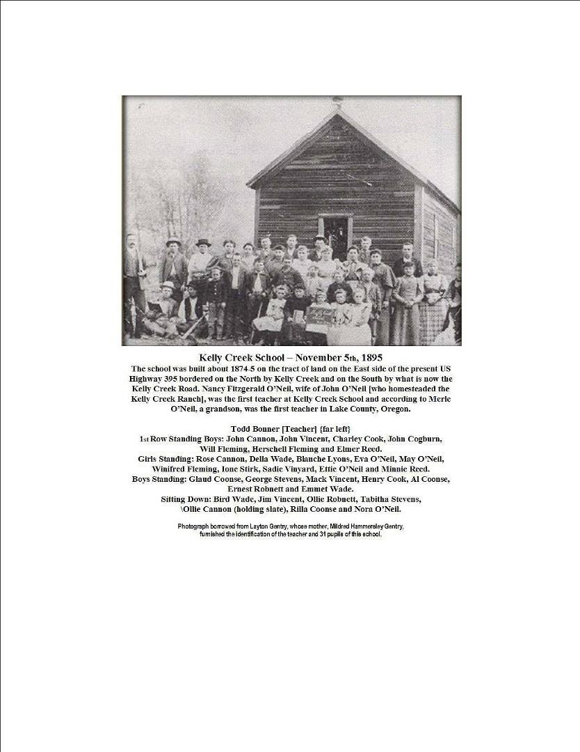 Kelly Creek School with the names of all the students and teachers in the picture.