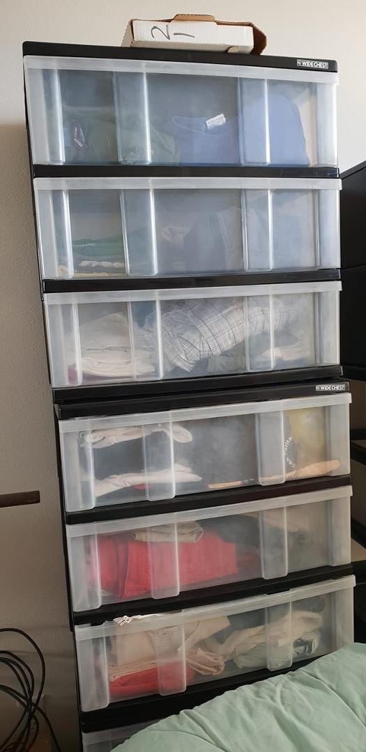 Plastic containers for storage. $10 for 3 drawers. And $16 for 6 drawers.