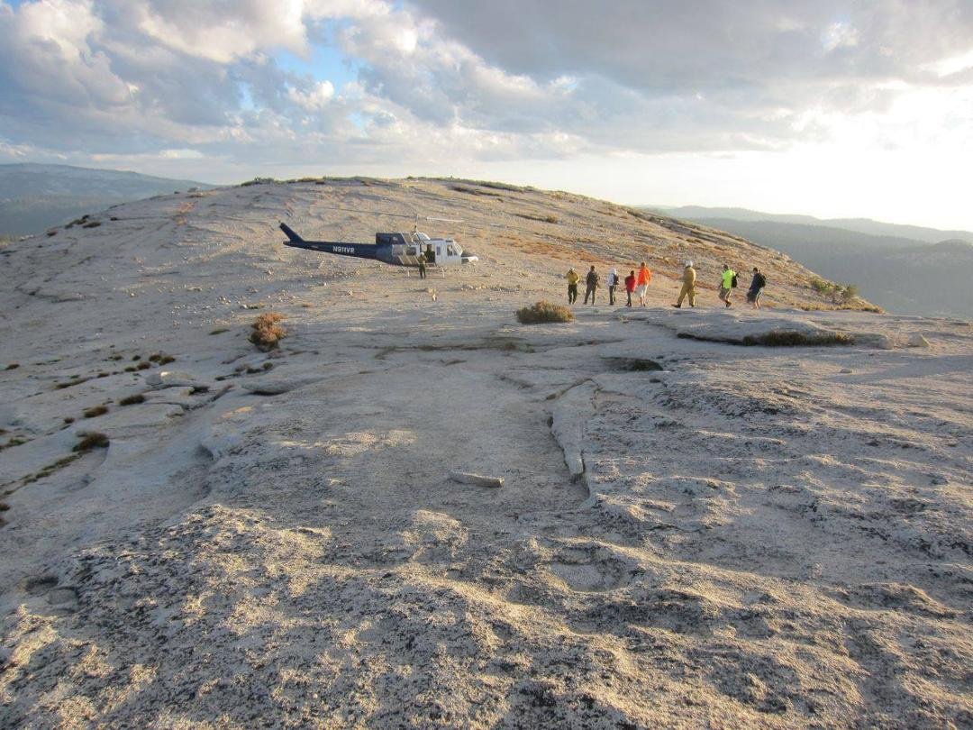 Landing zone for NPS hello on top of Half Dome gathering hikers from Half Dome and surrounding area for evacuation.