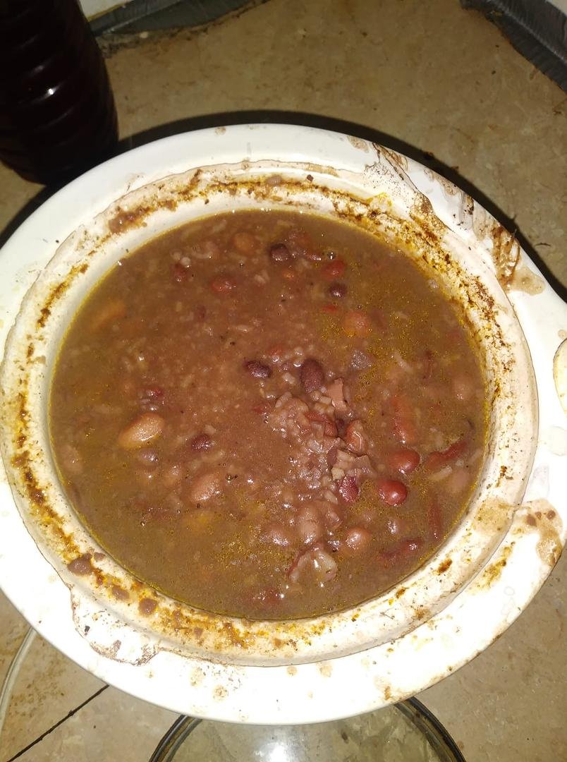 This week's cholent. Black beans and red beans instead of butter beans and rice instead of potatoes.