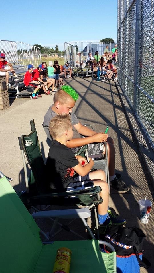 Cousins.☺😊 ..Brock and Mason(serious mohawks) watching Brooks in playoffs in Stayton. Cale in serious lego building. 2nd inning ptown up 2-0.