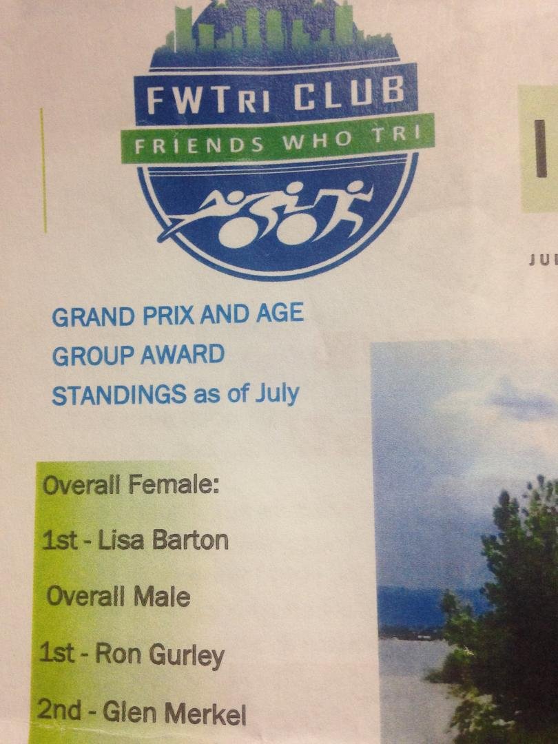 This is the Ft.Worth Triathalon
Club Ron belongs
To. I sneaked his handout from last night's meeting and would you look at who is #1 Overall Male? Yep! My Ron Gurley! At age 64! I'm so proud of him! He works so hard and tra