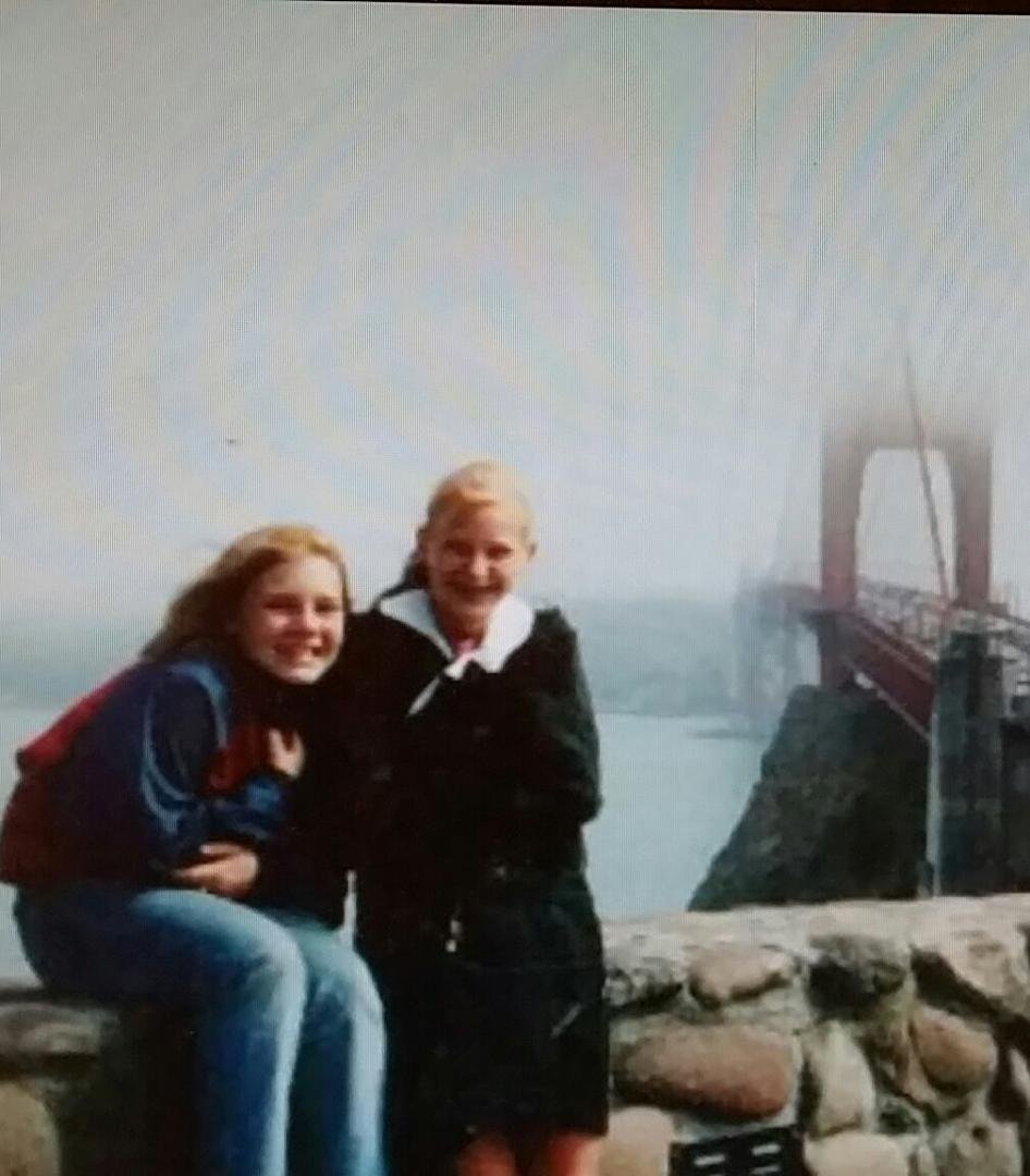 Jessica Falzone Reime and Tarah Yocum Falzone at the Golden Gate Bridge. Summer 2001