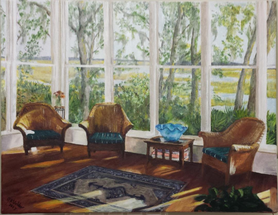 Here is a painting of my sister's sunroom overlooking the low country marsh with a middling high tide, my favorite room in her home.