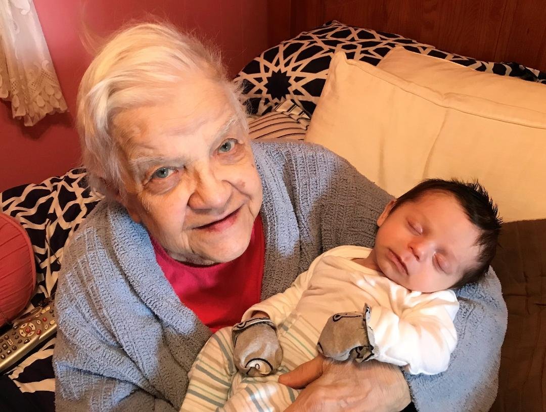 Simon Christopher Fortier (1 month old) & Great Grandmother Stella (Racki) Lewis (1,042 months old)