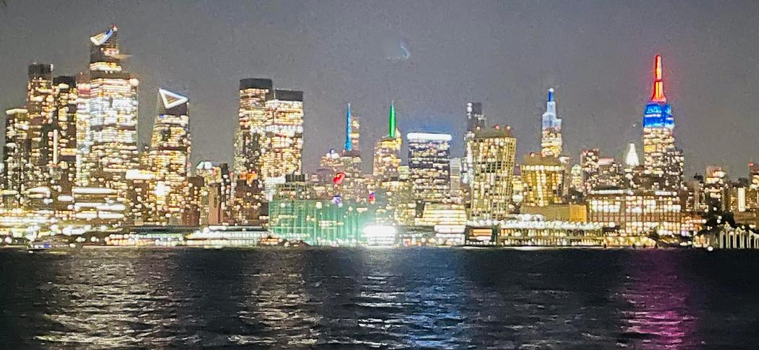 We drove to Hoboken for dinner and walked the riverfront, catching the New York skyline across the Hudson. That’s the Freedom Tower (?) in red that replaced the Twin Towers.