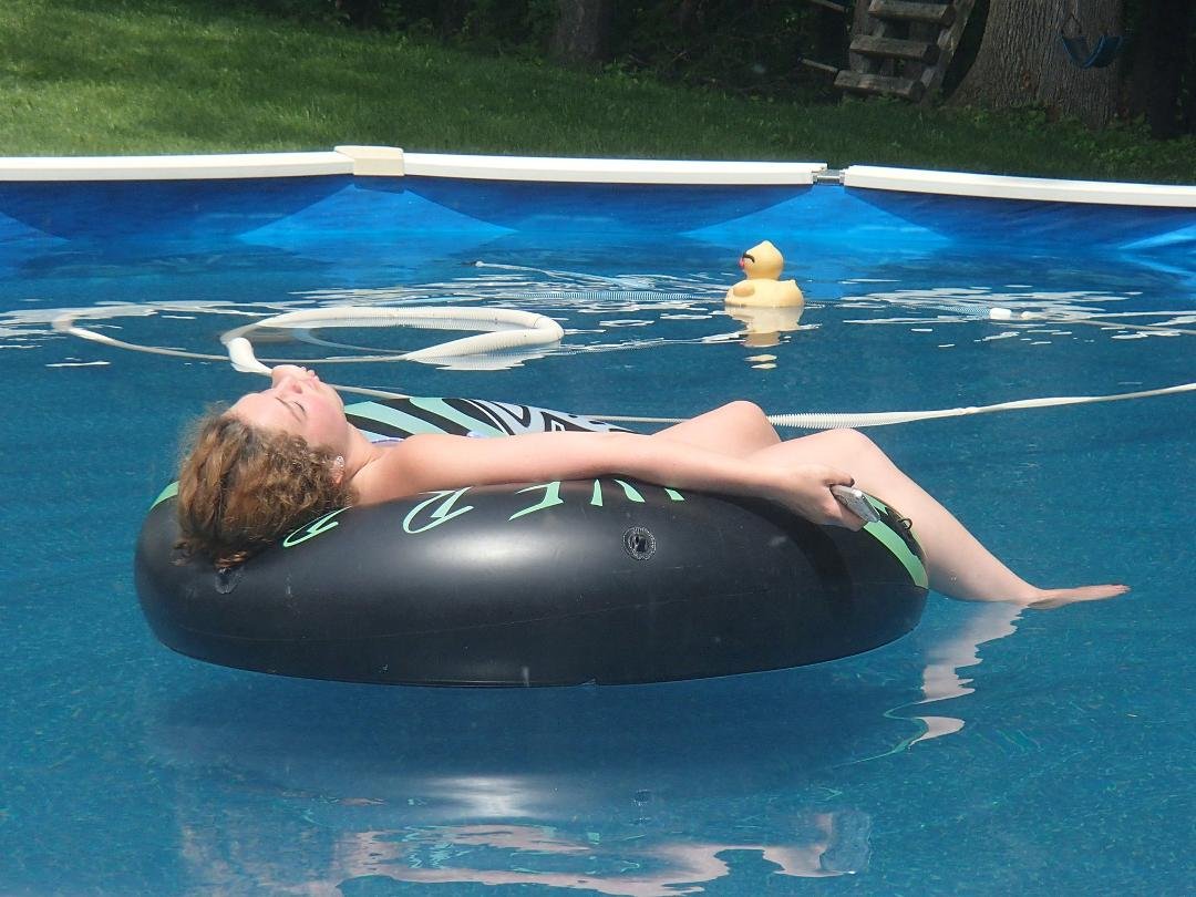 Pool's open ... bring your own cell. Only 3 frogs this year, and a mermaid and rubber duckie.