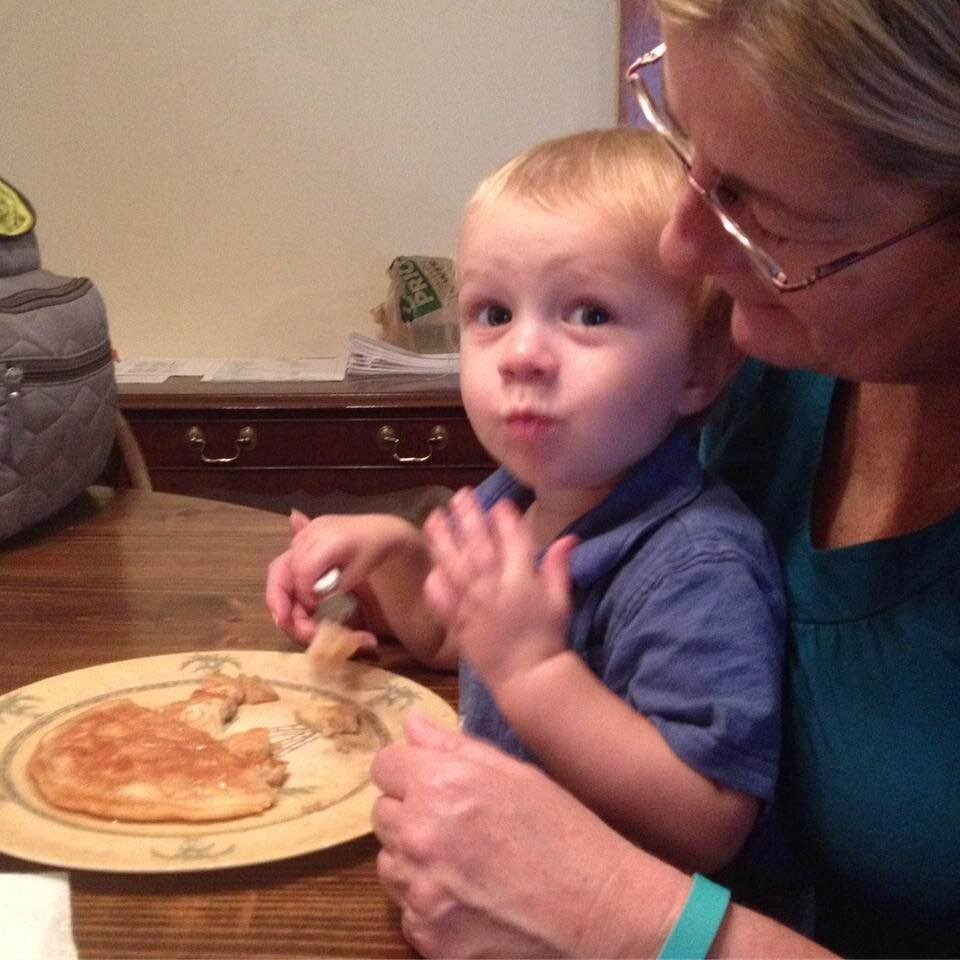 Grandson Jack enjoying his giant pancake his Pop-Pop made him this morning. We had him for a few hours this morn, Mom-Mom assisting. ❤️
