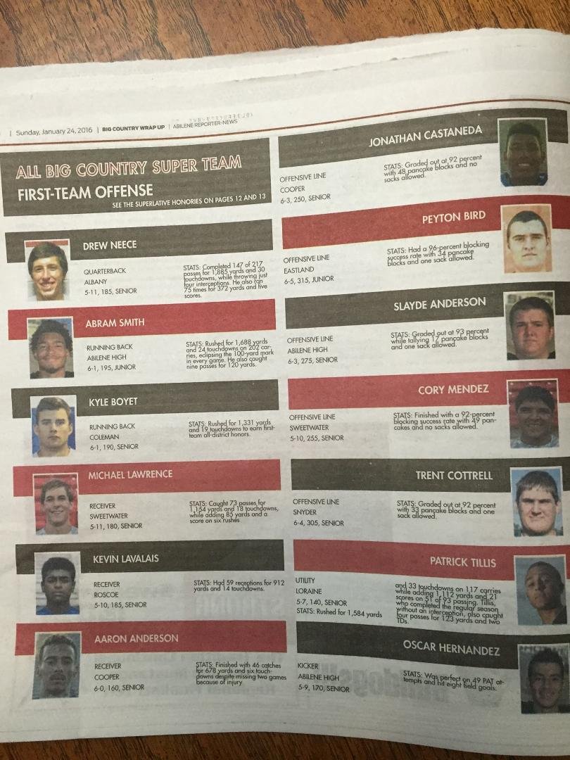 Congrats to Trent... He also made the All-Big Country Super Team.... 1st Offense O-line. Announced in Abilene's Sunday paper today.