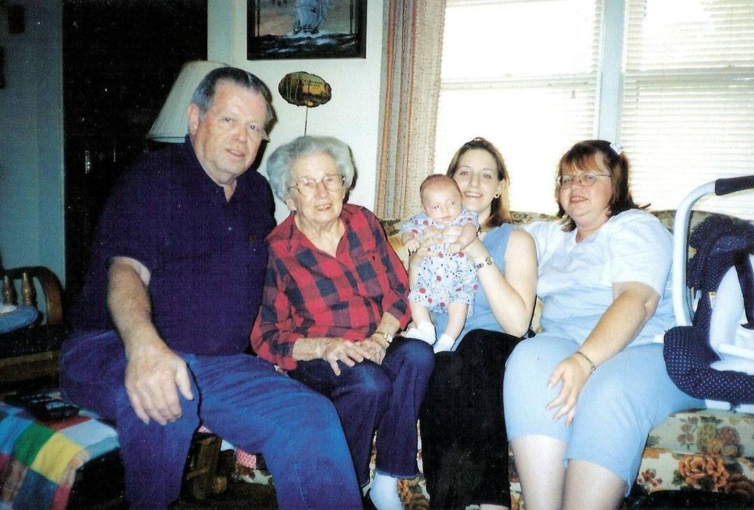 Remembering Mother. Here she is with a total of five generations. Her first great-great-grandson. She was so proud to have five generations. She never seemed to forget this one, even though she had more than two or three mo
