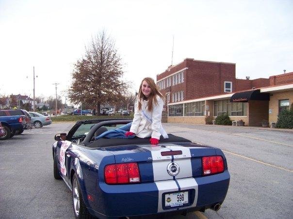 Shelby Burnett in a 2008 Shelby Mustang, Loaned by Mike Kehoe Ford of Jefferson City, New Bloomfield 2009 Christmas Parade. Poppy Fred Case driving, (most of the time).