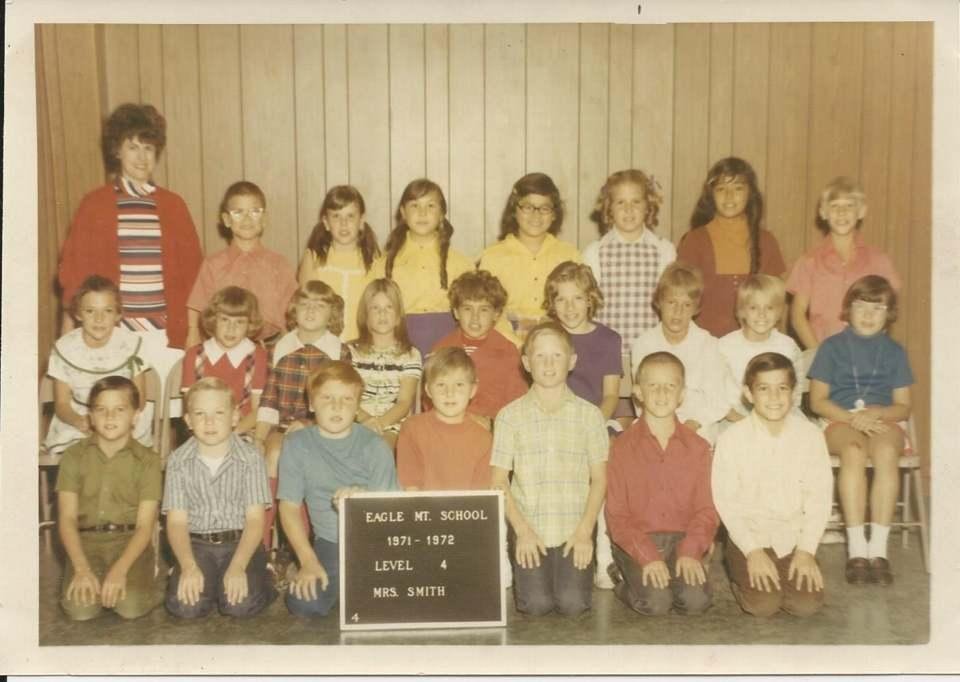 My 3rd year in Eagle Mtn. (Mrs. Smith at that time.) L to R - Front row: Don Lawson; Clyde Rhodes; Don Langley; Jonathan Fossett; James Hamby; Ernest Colwell; Dennis Rule - Middle row: Clara Ruddle; Delores Back; R
