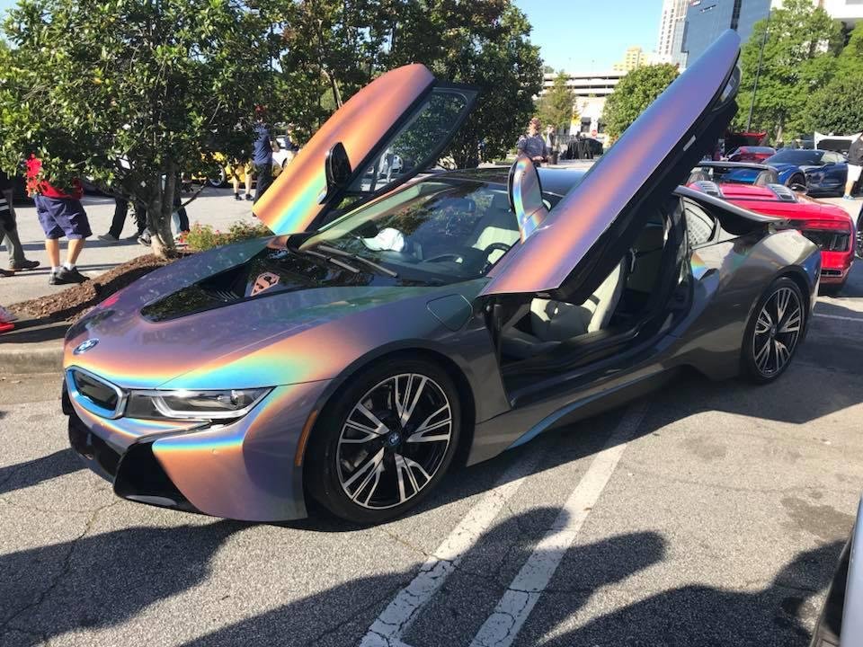 BMW I-8 with a custom paint that changes colors, depending on the angle of the light/sun. Really something to see! I still like my "standard" white one, but this sure gets your attention!