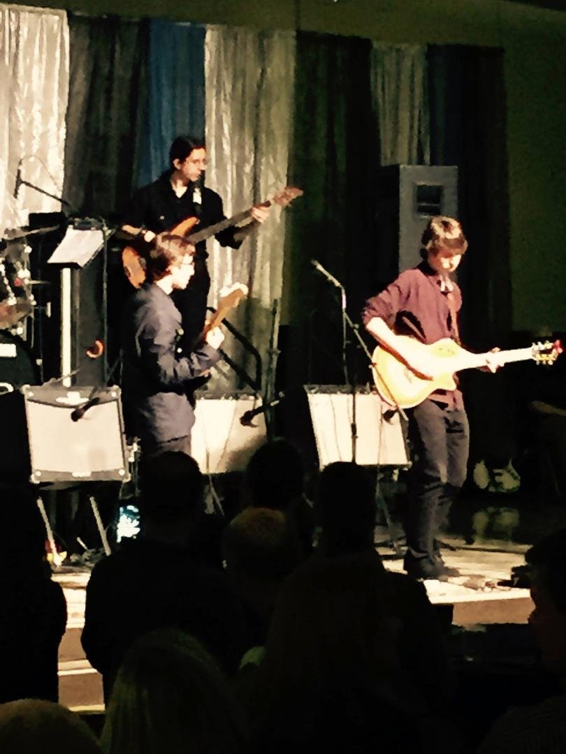 My Grandson Elijah, in the black shirt, playing his Bass at the High School for the Jazz Band Concert tonight.