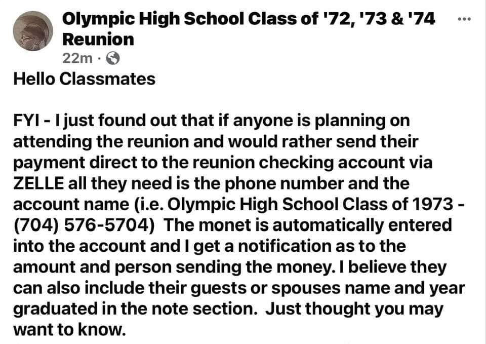Olympic High School classes of '72, '73 and '74... countdown to reunion time!! Details below... deadline for payment is fast approaching (August 31, 2023). SEE ALTERNATE PAYMENT OPTION BELOW. Don't miss out on this opportun