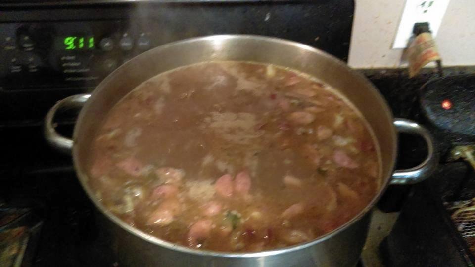 Gumbo is done,shrimp crab,hot sausage ,smoke sausage,chicken,gizzards,ham,crabmeat,smoke turkey necks fresh shrimp stock.