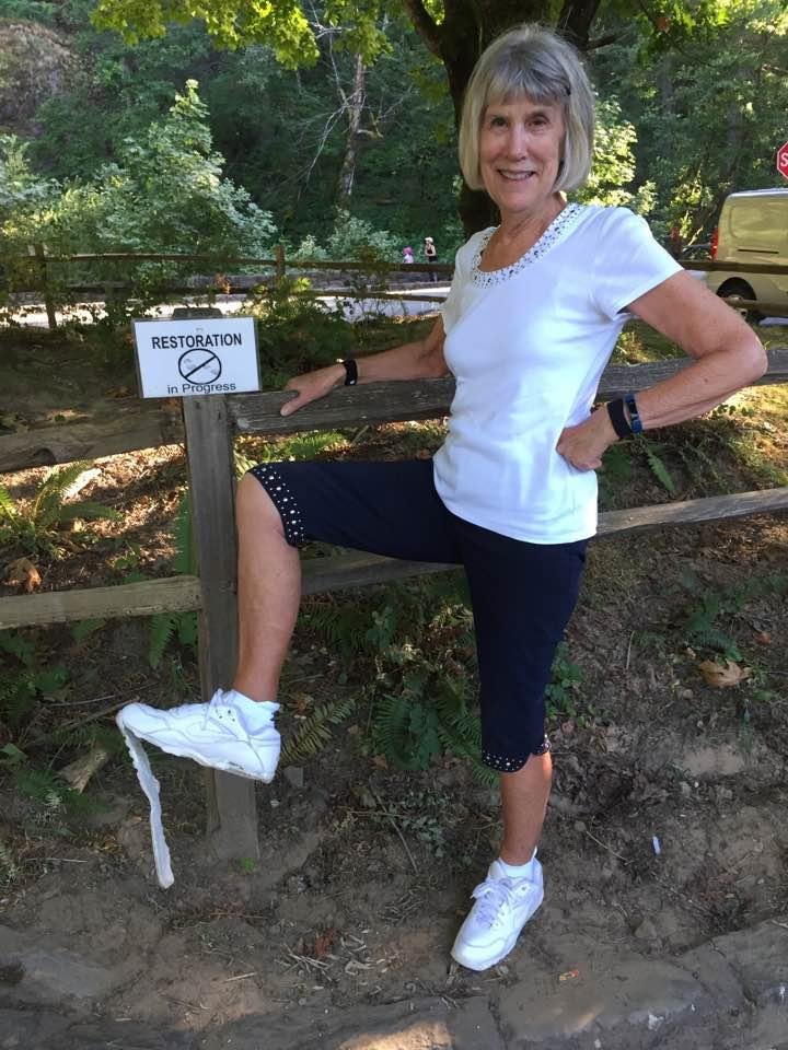 What are the odds that Karen's tennis shoe would disintegrate right by the "RESTORATION IN PROGRESS " sign?  Photo taken at Horsetail Falls in the Columbia River Gorge.