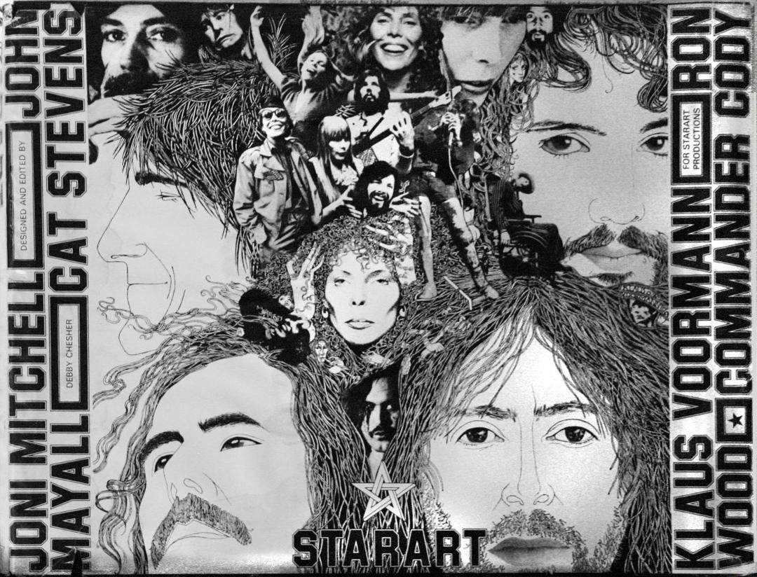 Salvaged treasure from my 1993 fire... "STARART", the art work of Joni Mitchell, John Mayhall, Cat Stevens, Klaus Voormann (cover too), Ron Wood and Commander Cody. (1979, hardbound, 240 pages) A collectors dream. Hope you