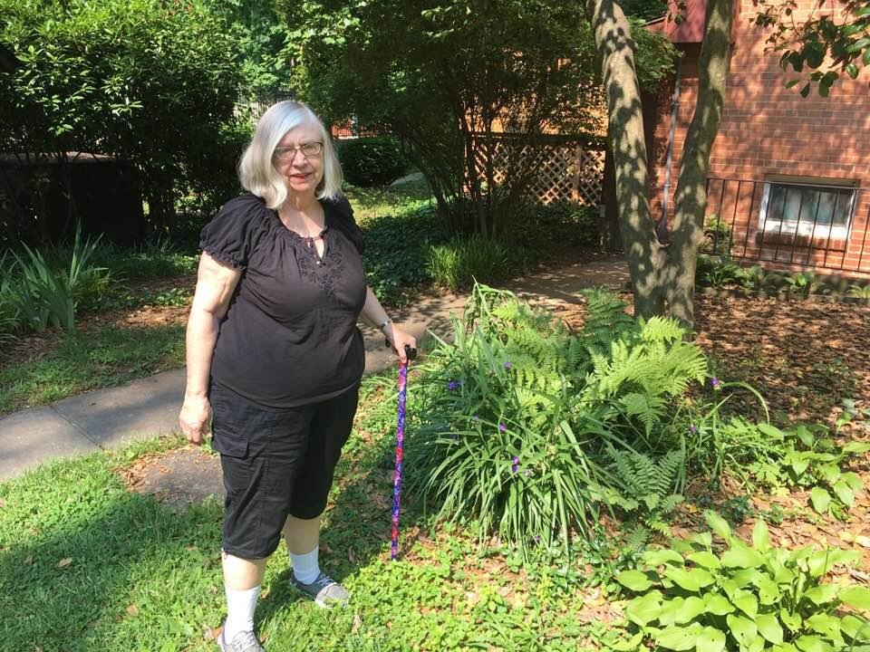 Stepping out on a lovely June day at the end of my second week. Now using cane.