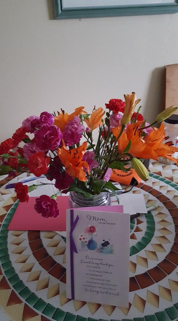 Want to express my love & thanks to my son, Brad,for the beautiful flowers & the neat card he gave me for my birthday! Travis is coming & they are taking me out for supper! My boys are the best, when it comes to showing th